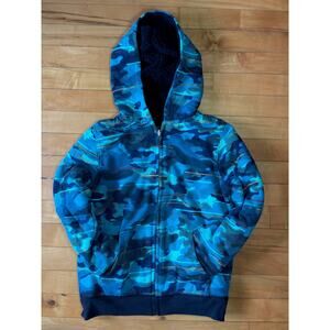 Lands' End kids' reversible sherpa fleece blue camo / black hoodie Size S